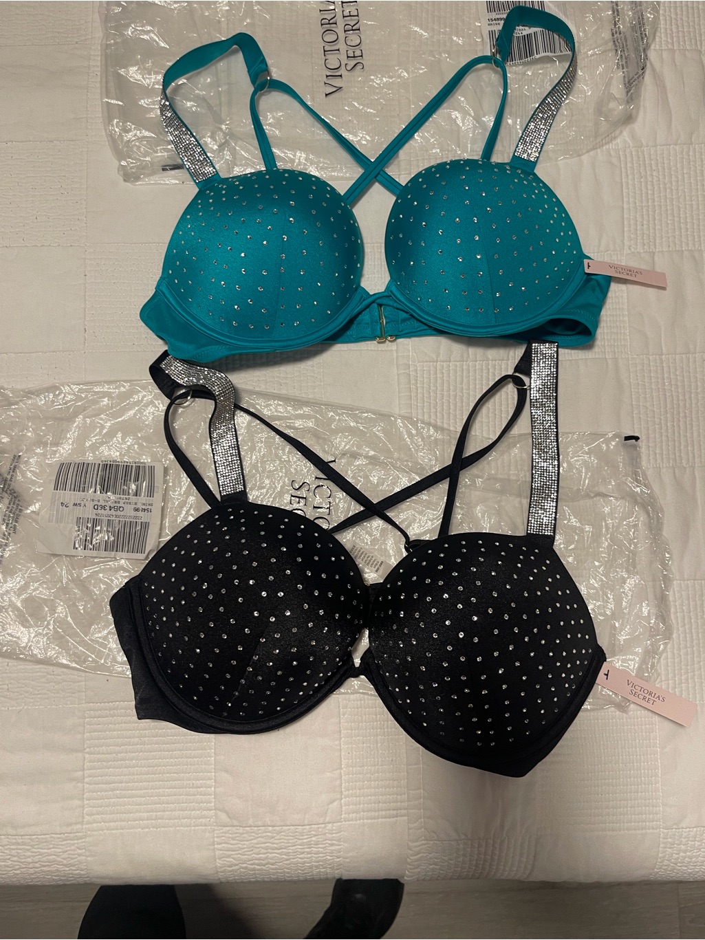 Victoria's Secret Teal And Black Rhinestone Push-Up Bras 36c